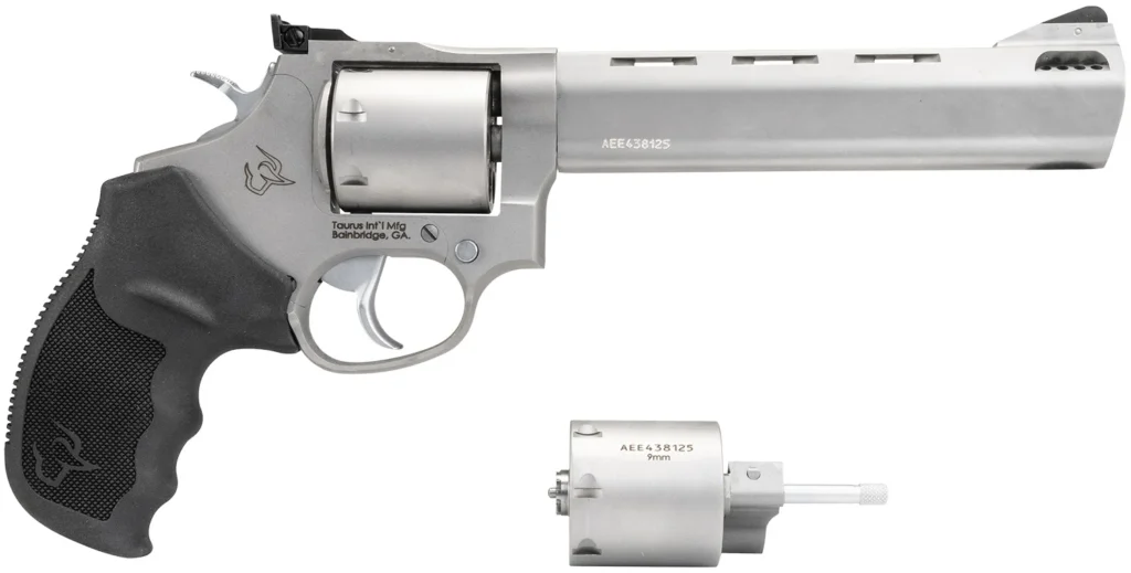 Taurus 2-692069 692  9mm Luger, 38 Special +P or 357 Mag Caliber with 6.50" Vent Rib Barrel, 7rd Capacity Cylinder, Overall Matte Finish Stainless Steel & Black Ribber Grip Includes 2 Cylinders
