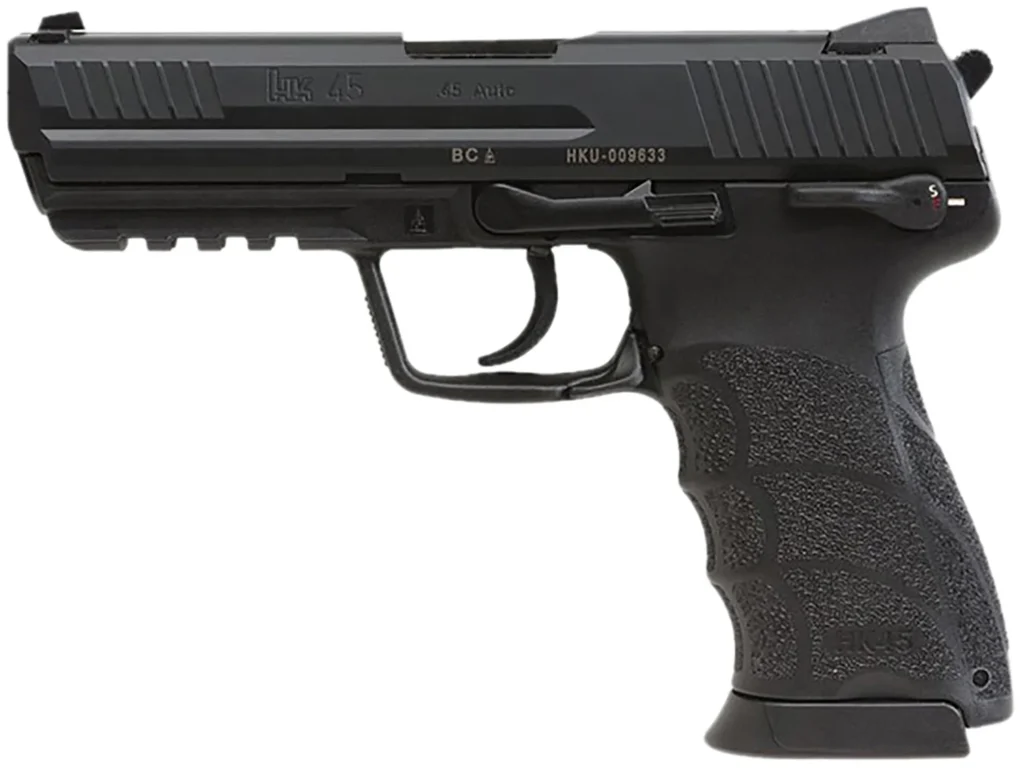 HK 81001113 HK45 V1 .45 ACP 10+1 4.46" Black Polygonal Rifled Barrel, Black Cerakote Serrated Steel Slide, Black Polymer Frame w/Picatinny Rail, Ambidextrous