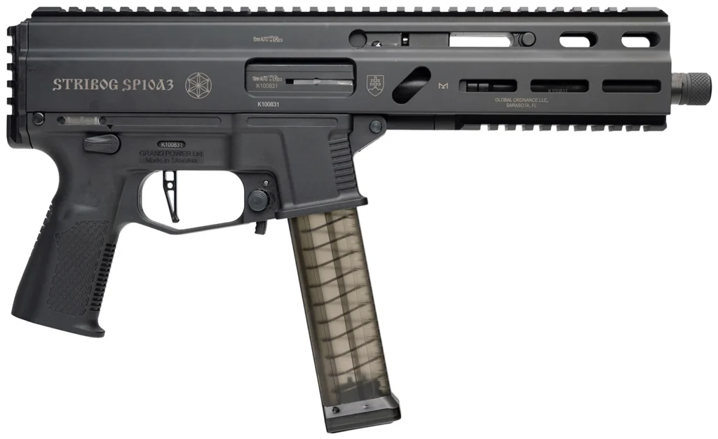 Grand Power 810091157152 SP10A3 Stribog 10mm Auto 20+1 8" Black Threaded Barrel, Black Aluminum Picatinny Rail Receiver, Black Polymer Grip, Thread Protector