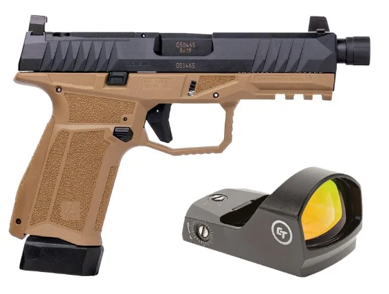 AREX DELTA M TACTICAL 9MM 1X15RD 1X17RD SUPPRESSOR HEIGHT SIGHTS 5X OPTICS PLATES FDE WITH CRIMSON TRACE RED DOT - Arex