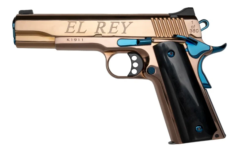 KIMBER CNC 1911 EL REY 38SUP 9RD 5IN BARREL ENGRAVED ROSE GOLD BLUE ACCENTS BLACK GRIPS 10231 - CNC Firearms