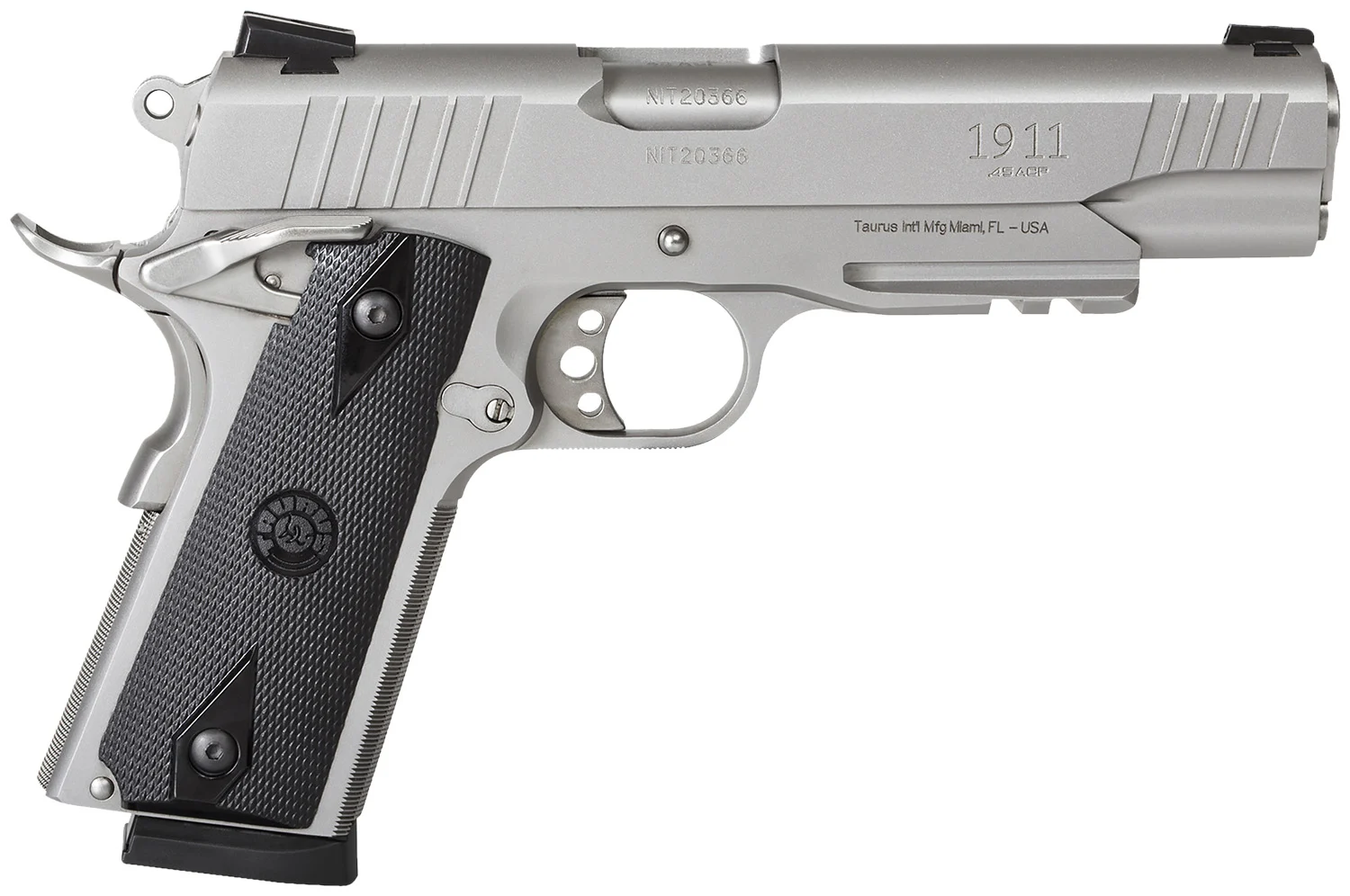 Taurus 1191109SS1 1911 45 ACP 8+1 5" Barrel, Overall Matte Stainless Steel Finish, Picatinny Rail/Beavertail Frame, Serrated Slide & Checkered Polymer Grip Includes 2 Mags
