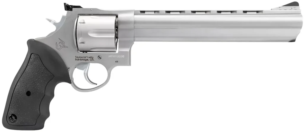 Taurus 2440089 44  Large Frame 44 Rem Mag 6rd 8.37" Matte Stainless Ported Barrel, Matte Stainless Cylinder & Frame, Black Finger Groove Rubber Grip, Transfer Bar Safety Exposed Hammer